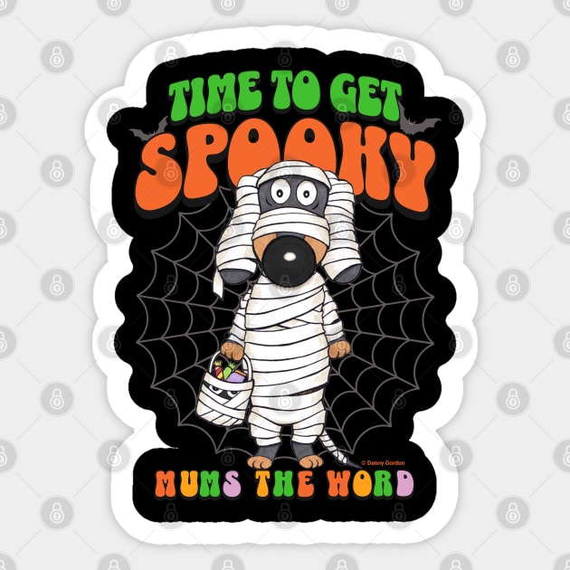 Funny Cute Doxie Dog ready for Halloween on Dachshund  Time to get Spooky Mummy tee Sticker by Danny Gordon Art